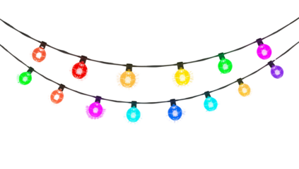 Festive glowing string lights with vibrant hues on transparent isolated background creating a