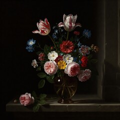 Dutch Golden Age flower bouquet. Classic Baroque oil painting of vibrant roses and tulips in a glass vase.
