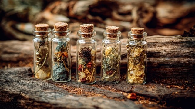 Small glass bottles with herbs and corks arranged on wood