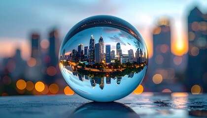 A cityscape reflected within a smooth glass orb