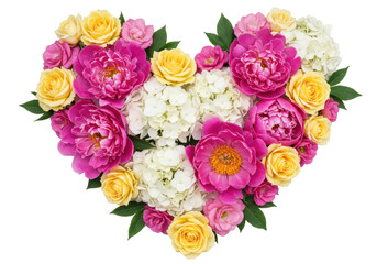 Isolated Heart-shaped floral arrangement featuring peonies, roses, and hydrangeas with leaves