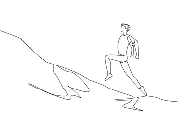 Continuous line drawing of a young man hiking uphill, symbolizing outdoor exploration and perseverance, created for National Trails Day with a nature concept design style.