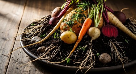 Rustic harvest presentation featuring fresh root vegetables and herbs arranged on a bed of rich soil evoking