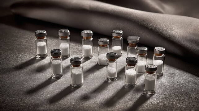 Small glass vials stacked with white powder contents closeup