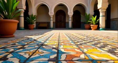 A vibrant mosaic tiled floor in a serene courtyard with arches and large potted plants.