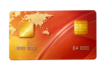 Close up of a red and gold credit card with a world map design and chip isolated on transparent background