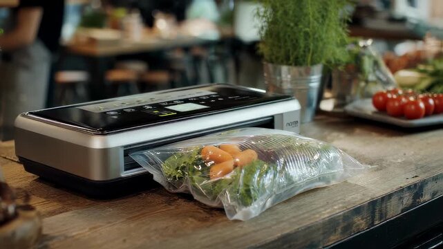 Medium shot of an electric vacuum sealing machine in use highlighting the sleek interface and secure sealing of a plastic bag with fresh produce inside.