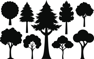 Set of trees, silhouette forest view. trees on transparent background