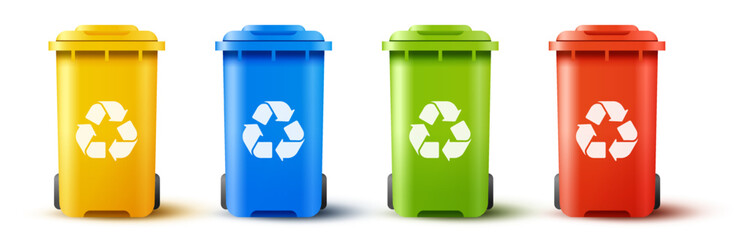 Set of colored recycling bins.