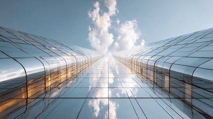 Upward view of modern glass skyscrapers reflecting blue sky and clouds, showcasing contemporary architecture and urban growth.