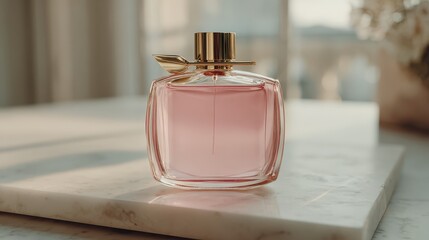 Opaque blush pink perfume bottle with a minimalist gold cap