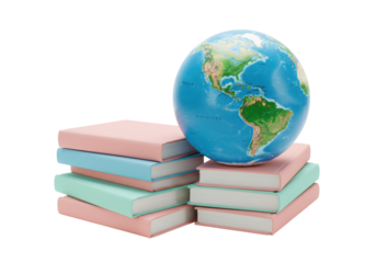 Isolated textbooks and globe sitting in a stack, representing international studies