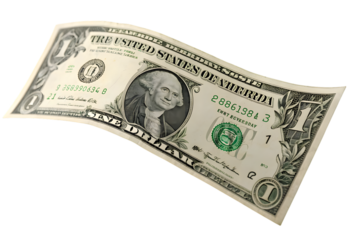 A single united states one dollar bill currency banknote isolated on transparent background