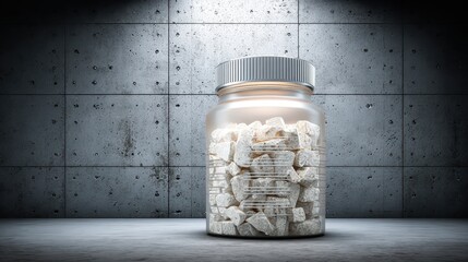 Opaque Bottle Filled With White Pills Against Concrete Wall