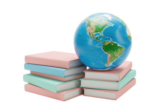 Isolated textbooks and globe sitting in a stack, representing international studies