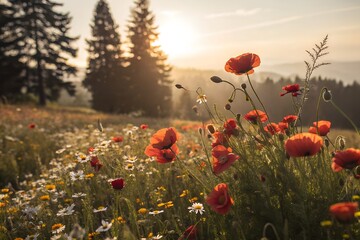 Fototapeta premium Vibrant red poppies and delicate white wildflowers bloom in a sun drenched meadow at sunrise with evergreen trees in the background