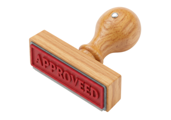 Isolated Approved wood rubber stamp with red text, legal document, confirmation process