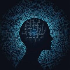 Human head silhouette surrounded by circular maze representing artificial intelligence   high resolution   for isolate image