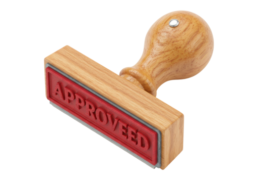 Isolated Approved wood rubber stamp with red text, legal document, confirmation process