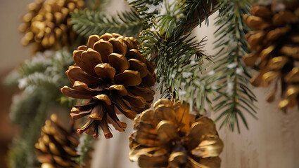 Fototapeta premium Elegant Christmas Decoration with Golden Pine Cones and Fresh Green Pine Branches Holiday Season Still Life