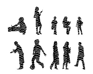 Vector illustration, Outline silhouettes of people, Contour drawing, people silhouette, Icon Set Isolated , Silhouette of sitting people, Architectural set