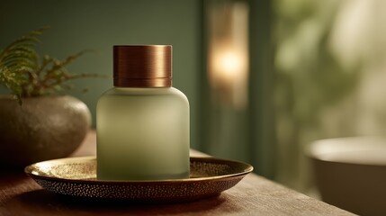 Opaque Olive Perfume Bottle Resting on a Decorative Plate