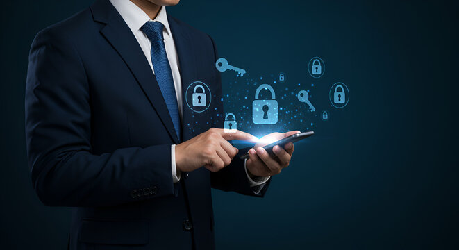 Businessman securing mobile data with cybersecurity and encryption technology