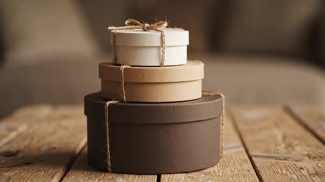 Stacked Round Gift Boxes on Rustic Wood - Three round cardboard gift boxes in varying shades of brown and white are stacked on a rustic wooden table.