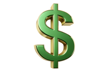 Shiny green and gold metallic dollar sign symbol representing finance wealth and currency isolated on transparent background
