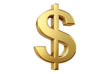 Shiny golden dollar sign symbol representing money wealth and financial success isolated on transparent background