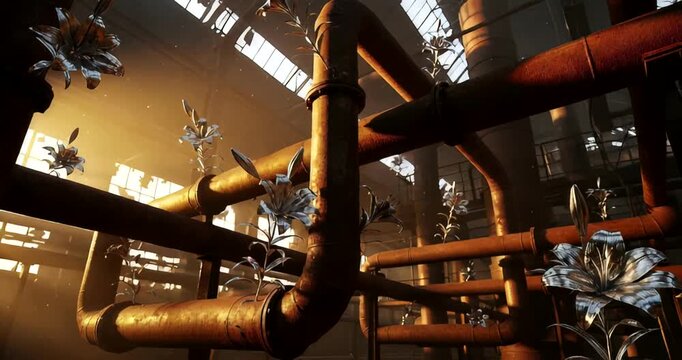 Industrial scene with rusted pipes and luminous flowers in a factory setting
