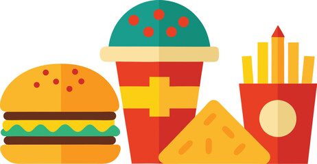 Vector illustration of delicious fast food meal burger fries drink and nachos