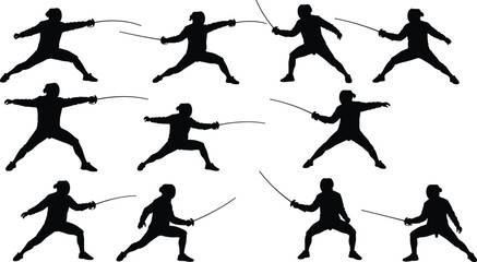 Fencing duel silhouette, sword fighting vector icons, athletic motion illustration, sports combat design, cad drawing flat vector illustration