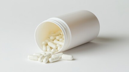 Open plastic bottle with capsules spilling out on white surface