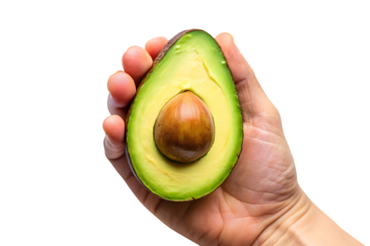 Close up of a ripe avocado half with a large brown pit held in a person s hand isolated on transparent background