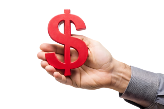 Man s hand holding a bright red dollar sign symbol representing finance and wealth isolated on transparent background - Powered by Adobe