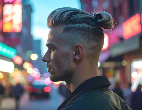 Close-up profile of a man with a stylish, high-fade haircut and man bun, against a blurred city lights backdrop