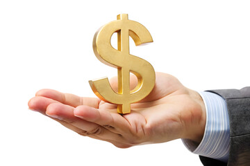 Golden dollar sign held in an open palm representing wealth and financial success isolated on transparent background