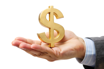 Golden dollar sign held in an open palm representing wealth and financial success isolated on transparent background