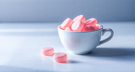 Throat lozenges in white cup on blue background in winter, copy space