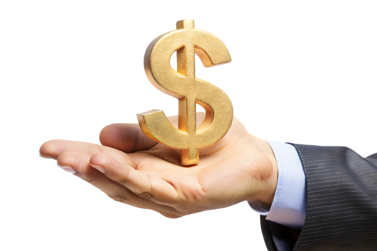 Golden dollar sign symbol balanced on a businessman s open palm representing wealth and financial success isolated on transparent background