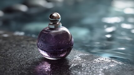 Round perfume bottle with purple liquid in a dark environment