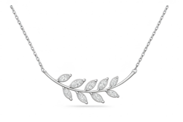 Elegant silver necklace with diamond leaf pendant, isolated on transparent background