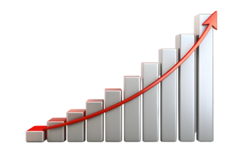 3d bar chart with a rising red arrow showing upward trend and growth isolated on transparent background