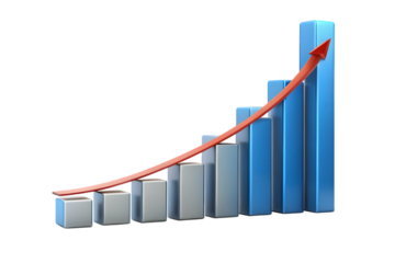 A rising red arrow graph superimposed over a blue and gray bar chart showing upward financial growth and positive trends isolated on transparent background