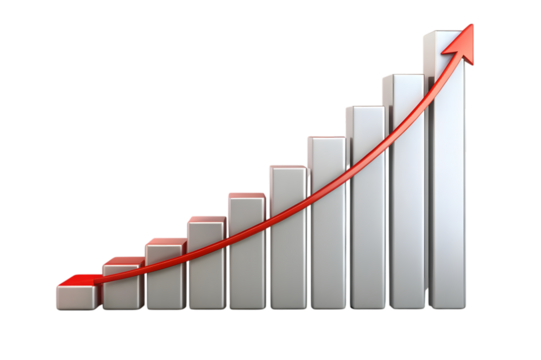3d bar chart with a rising red arrow showing upward trend and growth isolated on transparent background