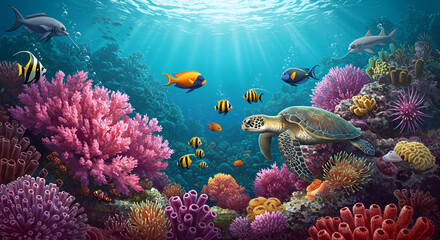 Obraz premium Colorful Underwater Ocean Scene with Coral Reef and Marine Life