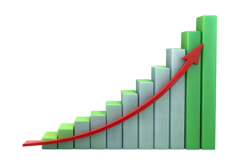 Three dimensional upward trending bar graph with a red arrow indicating growth and success isolated on transparent background