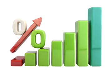 3d rendering of a financial growth chart with a percentage symbol and an upward trending arrow isolated on transparent background