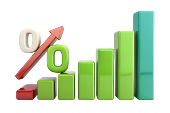 3d rendering of a financial growth chart with a percentage symbol and an upward trending arrow isolated on transparent background - Powered by Adobe